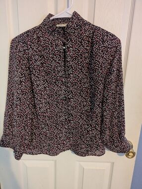 VINTAGE Womens Black Floral Button-Front Blouse